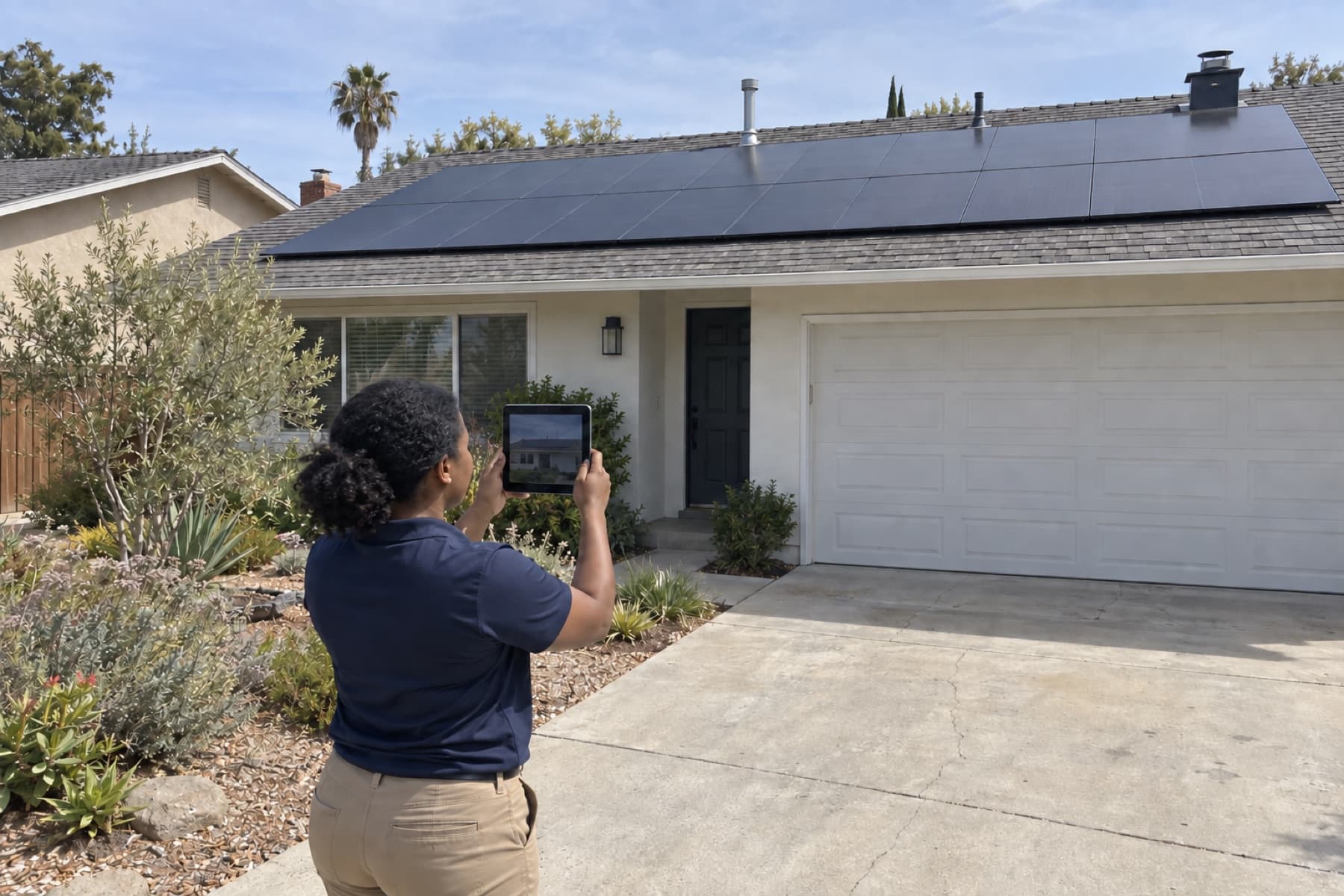 Home assessment showing rooftop solar being reviewed with a tablet